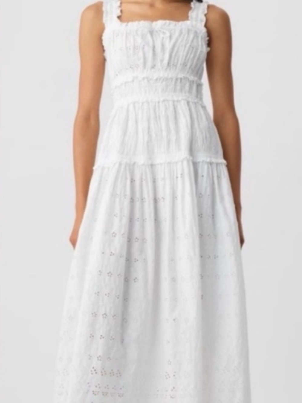 White Smocked Eyelet Midi Dress with Tiered Skirt